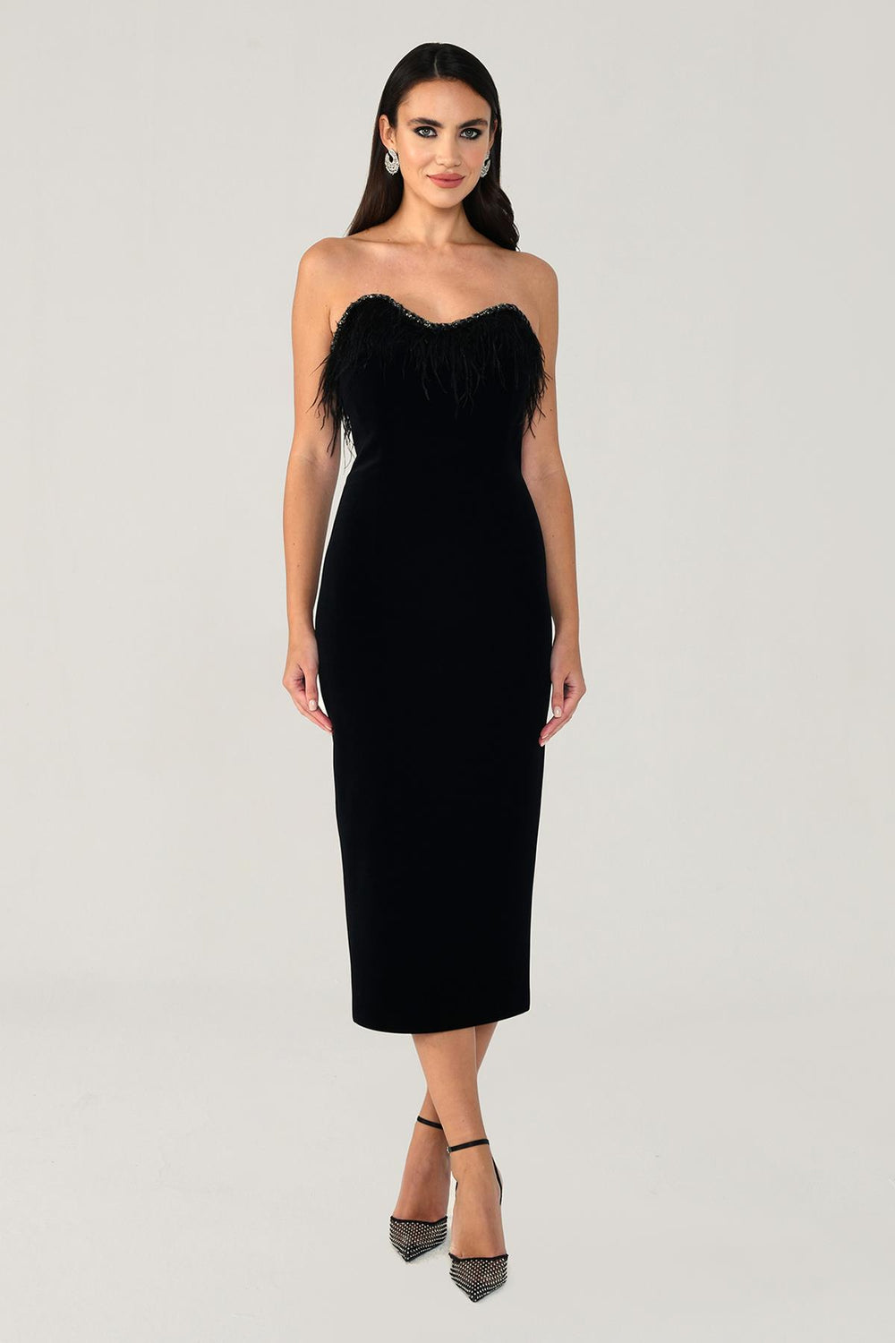 Strapless Feather Trim Velvet Midi Dress