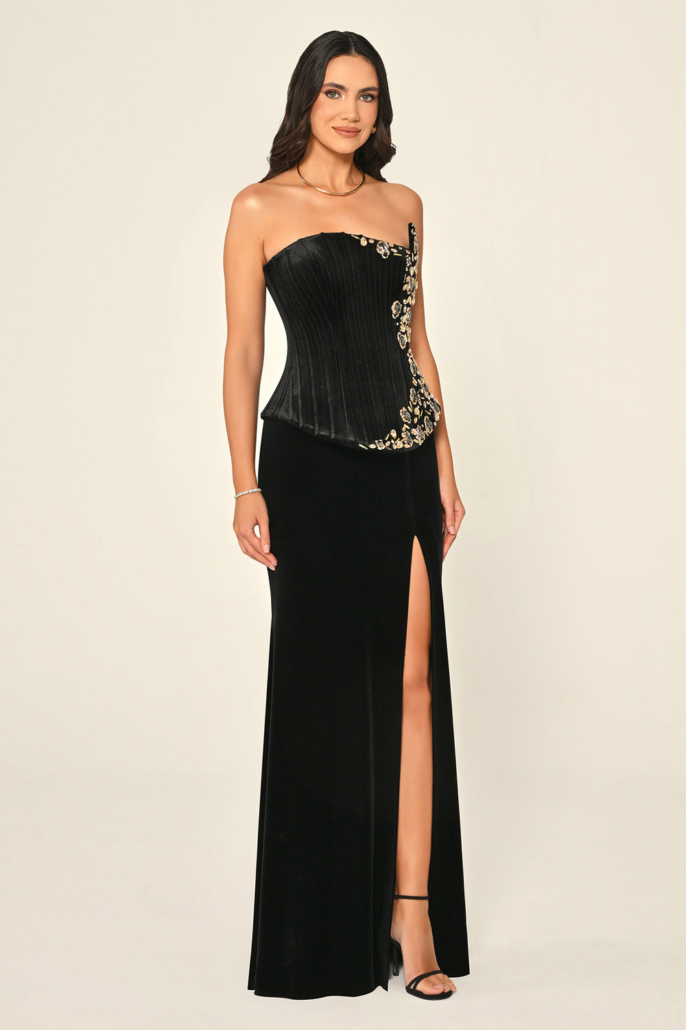 Strapless Top Asymmetrical Cut Corset Embellished Velvet Long Dress