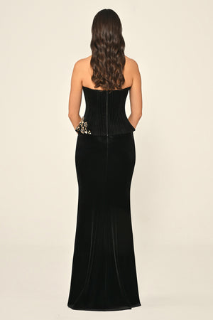 Strapless Top Asymmetrical Cut Corset Embellished Velvet Long Dress