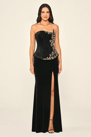 Strapless Top Asymmetrical Cut Corset Embellished Velvet Long Dress