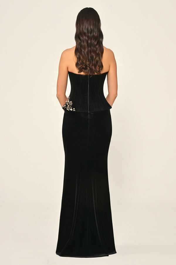 Strapless Top Asymmetrical Cut Corset Embellished Velvet Long Dress