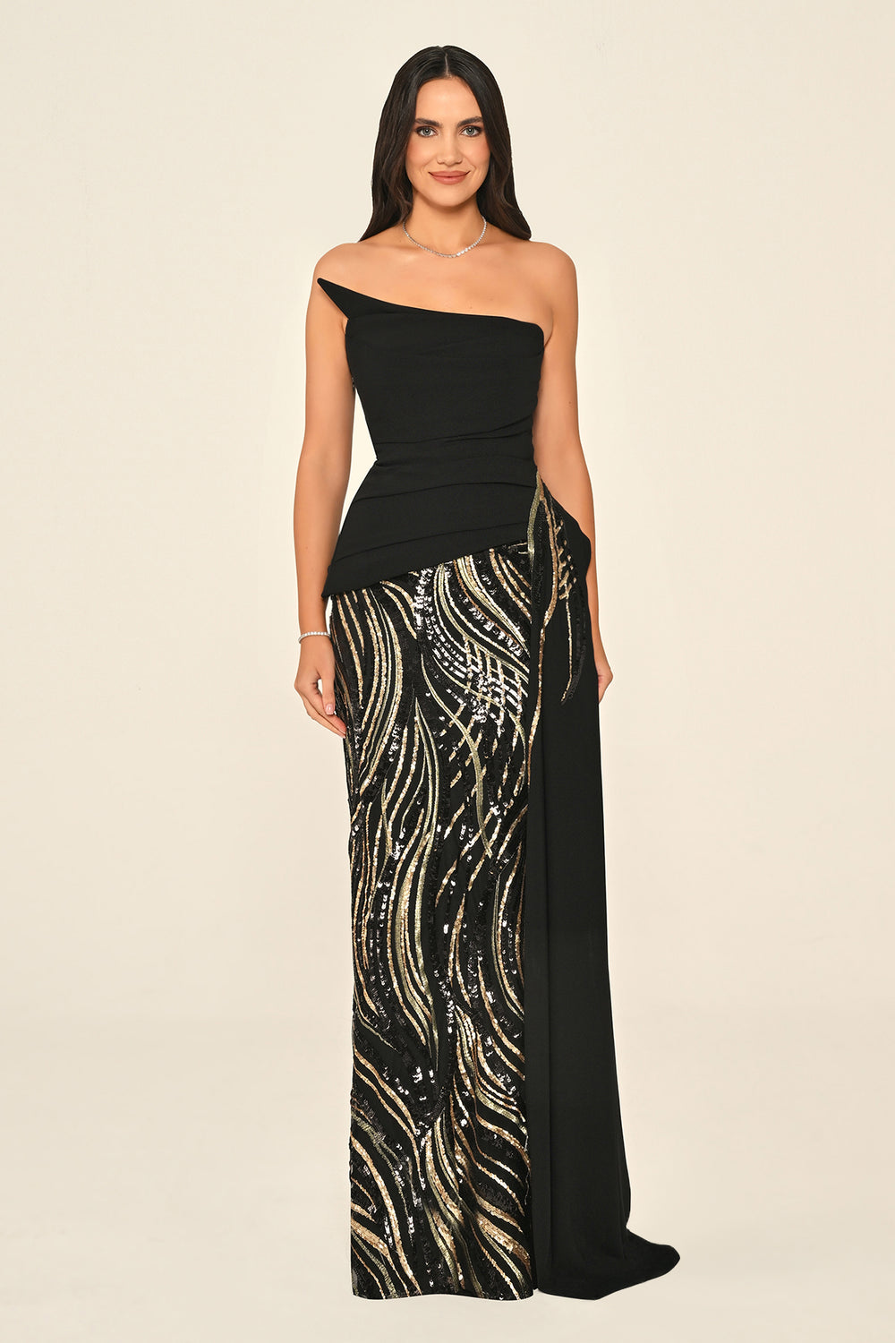 Strapless Top Asymmetrical Cut Crepe Skirt Sequin Long Dress