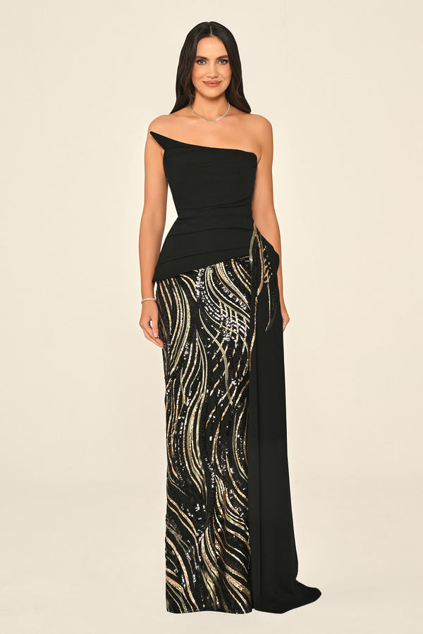 Strapless Top Asymmetrical Cut Crepe Skirt Sequin Long Dress