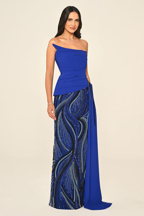 Strapless Top Asymmetrical Cut Crepe Skirt Sequin Long Dress