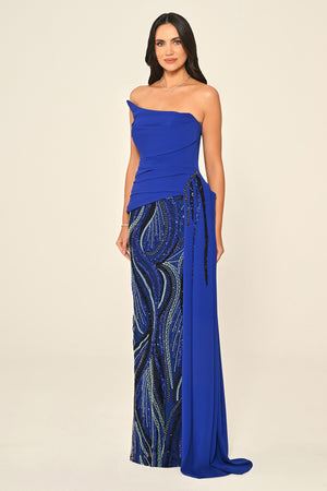Strapless Top Asymmetrical Cut Crepe Skirt Sequin Long Dress