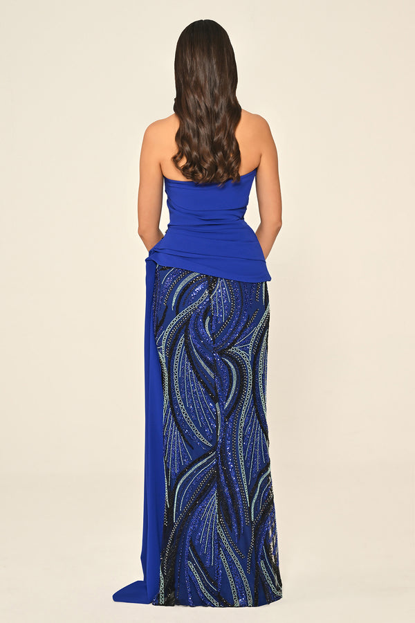 Strapless Top Asymmetrical Cut Crepe Skirt Sequin Long Dress