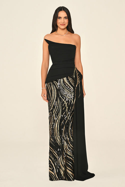 Strapless Top Asymmetrical Cut Crepe Skirt Sequin Long Dress