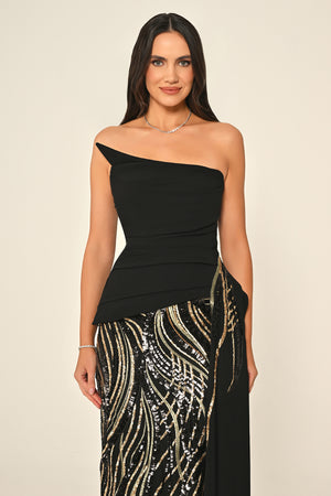 Strapless Top Asymmetrical Cut Crepe Skirt Sequin Long Dress