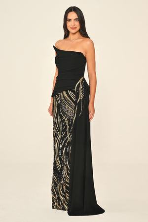 Strapless Top Asymmetrical Cut Crepe Skirt Sequin Long Dress