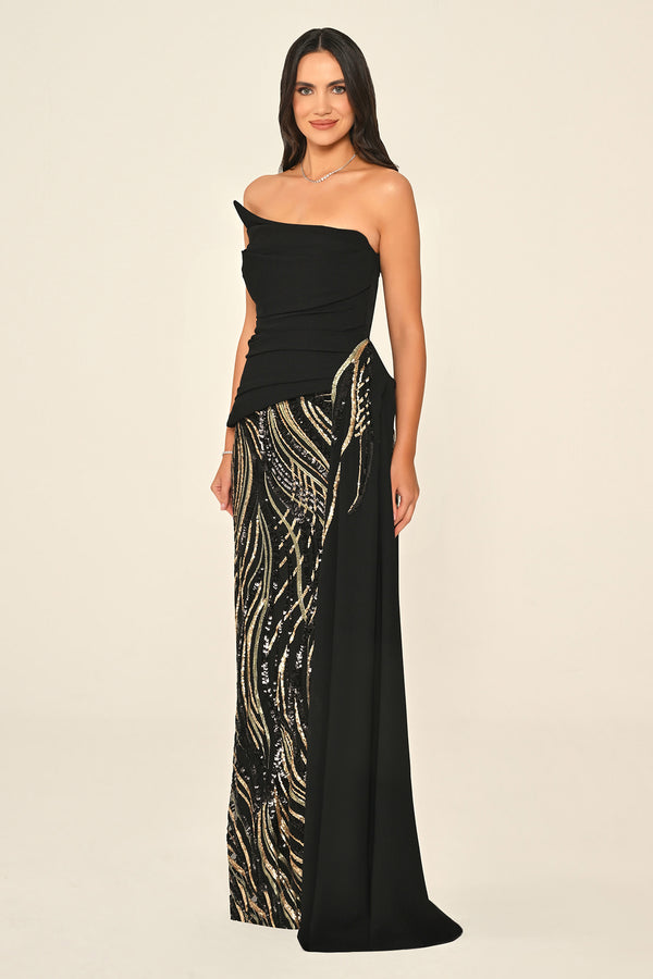 Strapless Top Asymmetrical Cut Crepe Skirt Sequin Long Dress