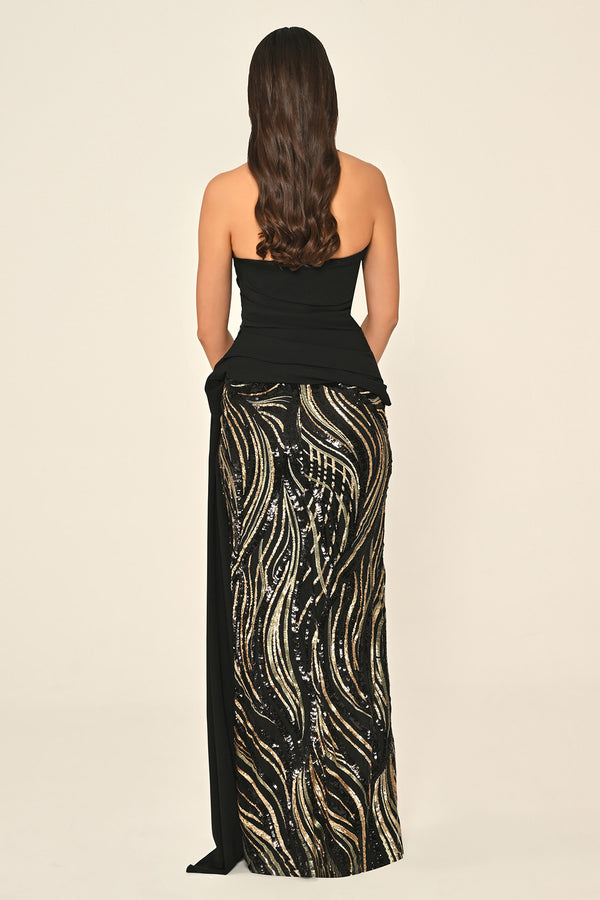 Strapless Top Asymmetrical Cut Crepe Skirt Sequin Long Dress