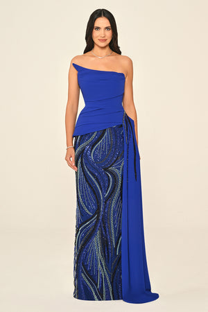 Strapless Top Asymmetrical Cut Crepe Skirt Sequin Long Dress