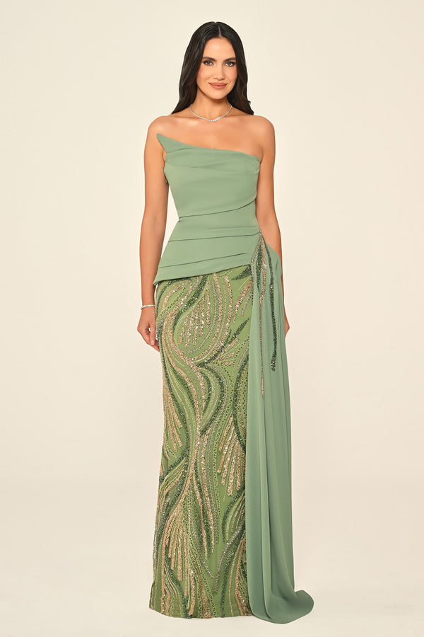 Strapless Top Asymmetrical Cut Crepe Skirt Sequin Long Dress