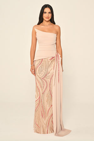 Strapless Top Asymmetrical Cut Crepe Skirt Sequin Long Dress