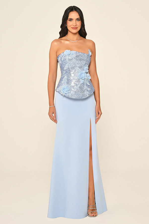Strapless Sequin Asymmetric Cut Crepe Long Dress