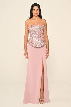 Strapless Sequin Asymmetric Cut Crepe Long Dress