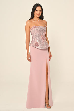 Strapless Sequin Asymmetric Cut Crepe Long Dress