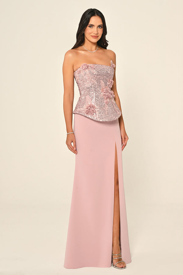 Strapless Sequin Asymmetric Cut Crepe Long Dress