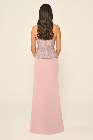 Strapless Sequin Asymmetric Cut Crepe Long Dress