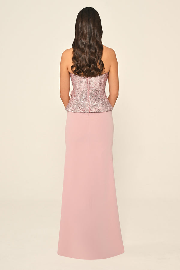 Strapless Sequin Asymmetric Cut Crepe Long Dress