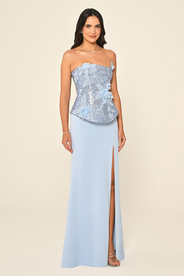 Strapless Sequin Asymmetric Cut Crepe Long Dress