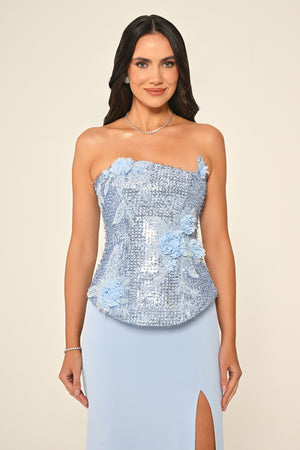 Strapless Sequin Asymmetric Cut Crepe Long Dress