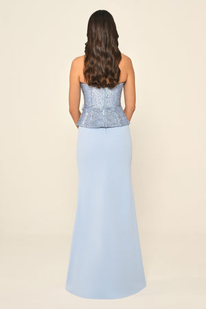 Strapless Sequin Asymmetric Cut Crepe Long Dress