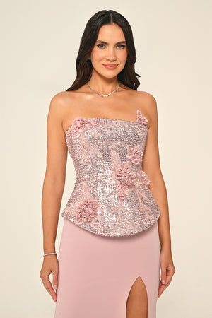Strapless Sequin Asymmetric Cut Crepe Long Dress