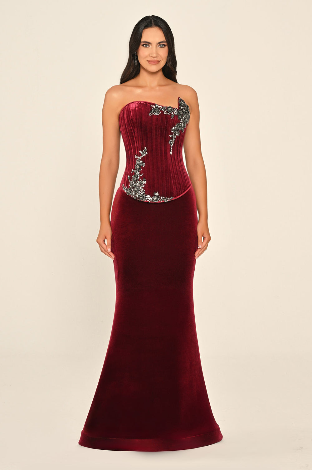 Strapless Top Asymmetrical Cut Embellished Velvet Long Dress