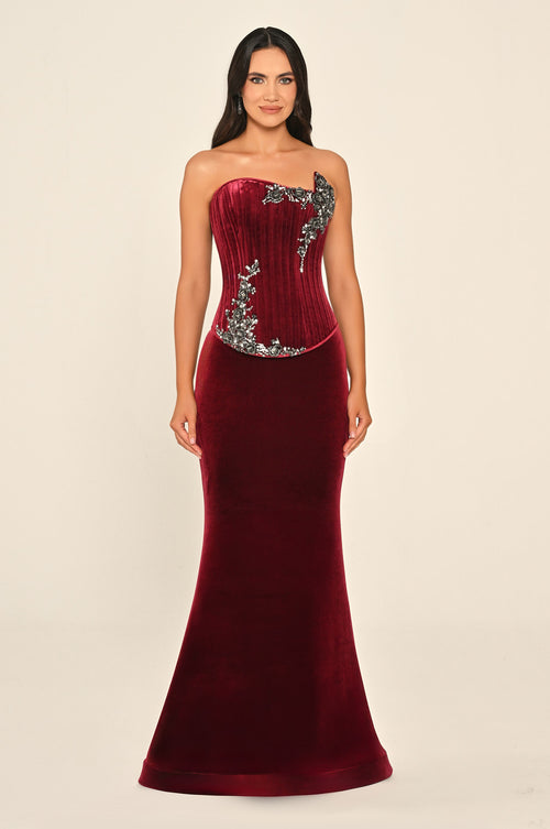 Strapless Top Asymmetrical Cut Embellished Velvet Long Dress