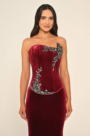 Strapless Top Asymmetrical Cut Embellished Velvet Long Dress