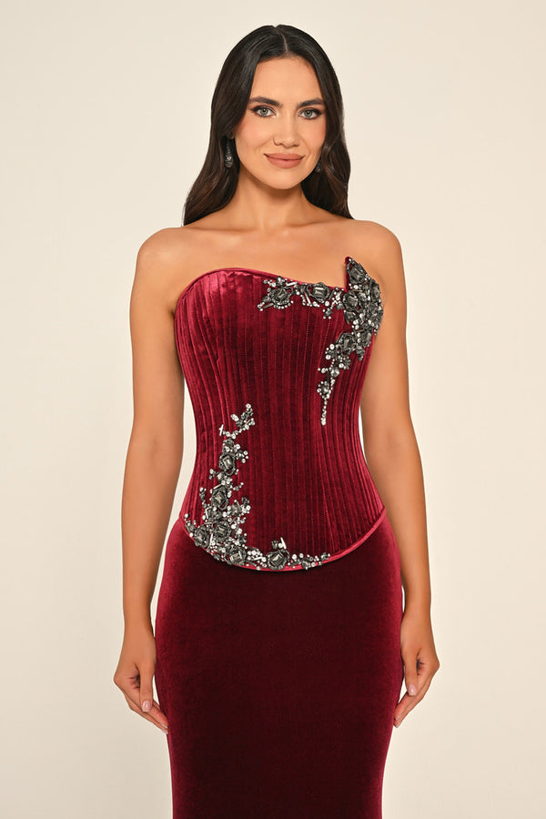 Strapless Top Asymmetrical Cut Embellished Velvet Long Dress