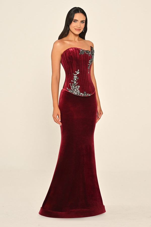 Strapless Top Asymmetrical Cut Embellished Velvet Long Dress