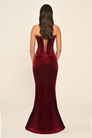 Strapless Top Asymmetrical Cut Embellished Velvet Long Dress