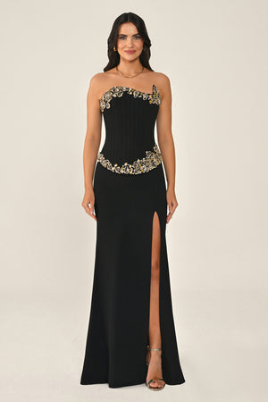 Strapless Top Asymmetrical Cut Stone Embellished Long Dress