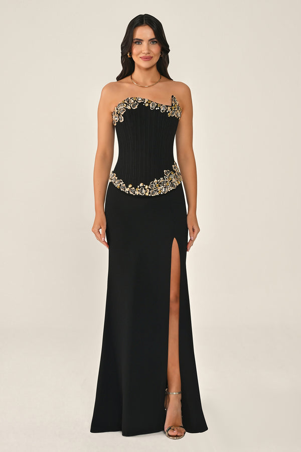 Strapless Top Asymmetrical Cut Stone Embellished Long Dress