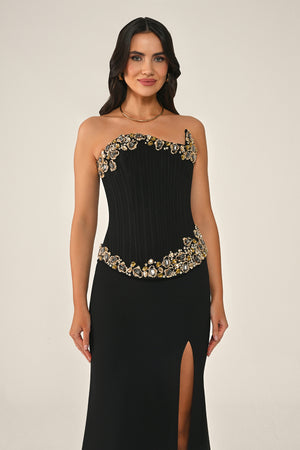Strapless Top Asymmetrical Cut Stone Embellished Long Dress