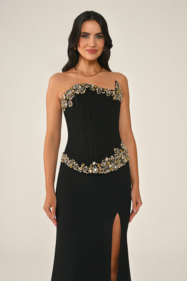 Strapless Top Asymmetrical Cut Stone Embellished Long Dress