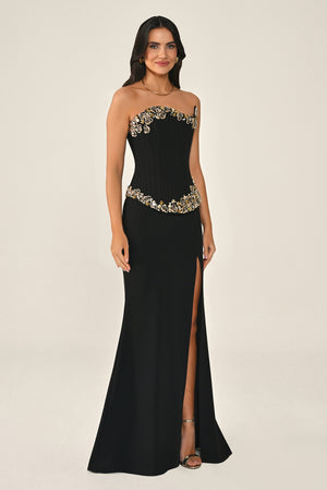 Strapless Top Asymmetrical Cut Stone Embellished Long Dress
