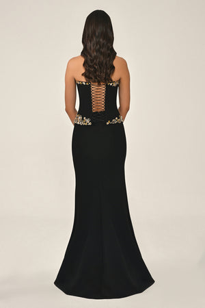 Strapless Top Asymmetrical Cut Stone Embellished Long Dress