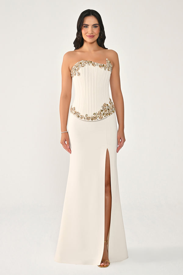 Strapless Top Asymmetrical Cut Stone Embellished Long Dress