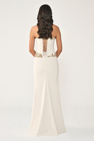 Strapless Top Asymmetrical Cut Stone Embellished Long Dress