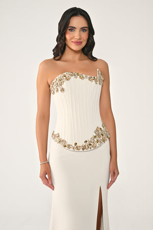 Strapless Top Asymmetrical Cut Stone Embellished Long Dress