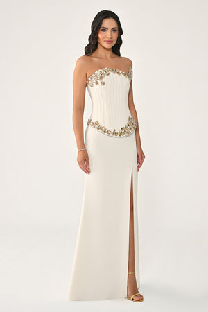 Strapless Top Asymmetrical Cut Stone Embellished Long Dress