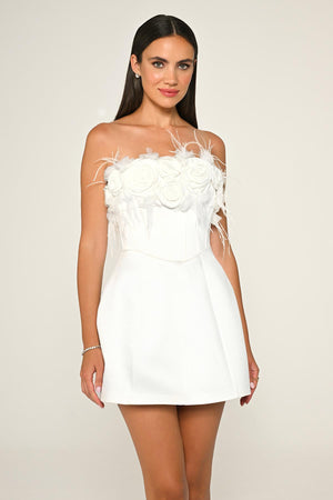 Strapless Top with Floral Accessory Matte Satin Short Dress