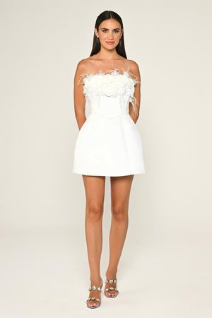 Strapless Top with Floral Accessory Matte Satin Short Dress