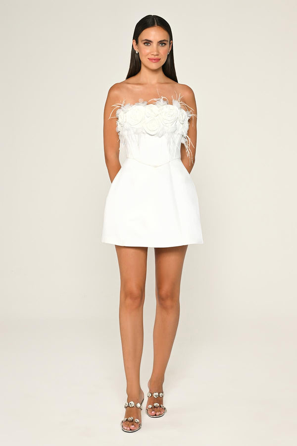 Strapless Top with Floral Accessory Matte Satin Short Dress