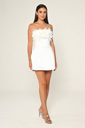 Strapless Top with Floral Accessory Matte Satin Short Dress