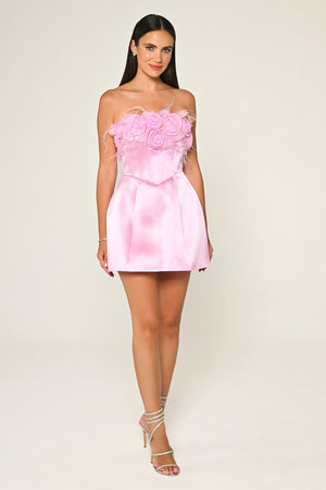 Strapless Top with Floral Accessory Matte Satin Short Dress