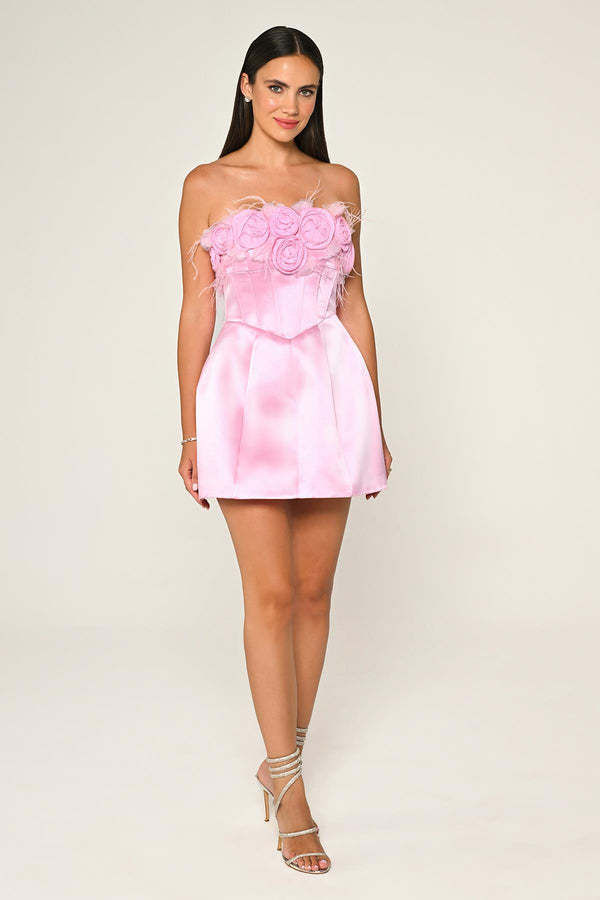 Strapless Top with Floral Accessory Matte Satin Short Dress